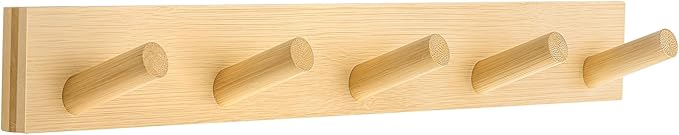 Coat Rack Wall Mount, Wooden Coat Hanger, Natural, 2 Pcs | Heavy Duty, 5 Sturdy Rounded Hooks, Bamboo Wood Material, for Entryway, Doorway, Living Room, Kid's room, Living Room, Closet