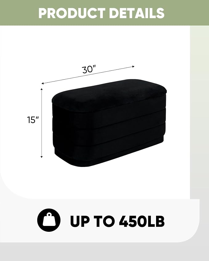 B FSOBEIIALEO Velvet Storage Ottoman with Tray, Folding Ottoman with Storage Coffee Table Shoes Bench for Dorm Room, Living Room Black, 30"x15"x15"