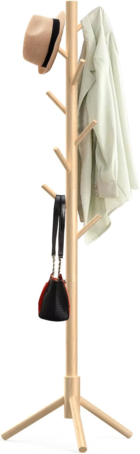 Aliphon Wooden Coat Rack Stand, Freestanding Coat Rack with 8 Hooks, 3 Adjustable Size Coat Tree for Hats, Coats, Scarves bags, Coat Hanger Stand Used in Bedroom/Office/Entryway (Natural)