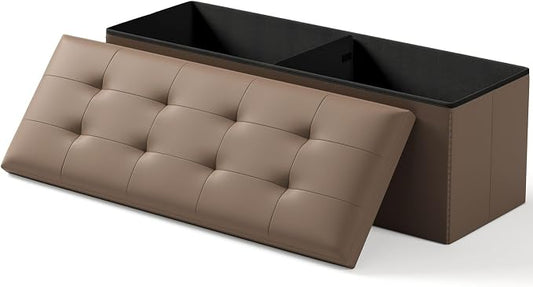 Folding Storage Ottoman Bench, Brown, 43 Inches | Multi-Functional Ottoman Foot Rest, End of Bed Bench, Storage Chest, Living Room, Bedroom, Hallway, Entryway, 600 lb Capacity
