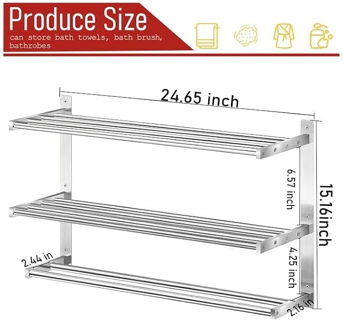 Taaji Towel Rack with Shelf 24 inch Double Towel Bars, Brushed Nickel | 3 Tier Towel Racks for Bathroom, Stainless Steel Bathroom Shelf with Hotel Bath Towels Storage, Wall Mounted