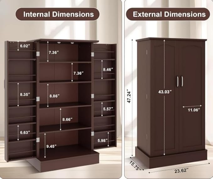 kepptory 47" Freestanding Kitchen Pantry Cabinet with Adjustable Shelves | Magnetic Doors & Anti-Tip Device, Storage Cupboard for Kitchen Laundry Living Room, Walnut