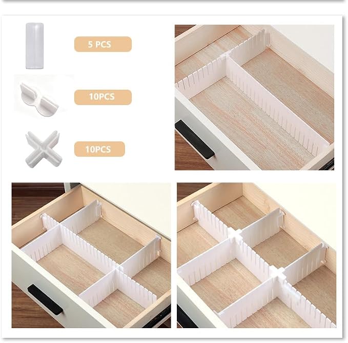Adjustable Plastic Drawer Separators, 15 PCS Dividers + 25 Connectors, 14.96" Length x 4.33" Height, Cuttable Storage Organizer for Socks, Garments, Kitchen Tools, Bedroom & Bathroom Drawers