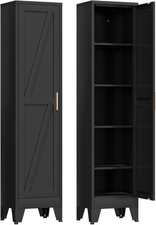 COFaR 67'' Tall Slim Bathroom Storage Cabinet, Metal Narrow Pantry Cabinet with 4 Adjustable Shelves and One Door, Skinny Cabinet Storage for Kitchen Laundry, Black Farmhouse 5 Tiers