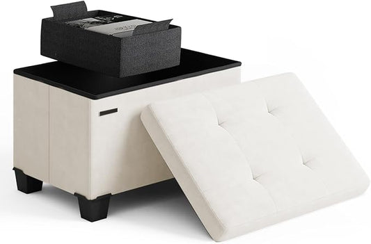 Storage Ottoman Cube with Small Bin, 16-in Square Ottoman with Storage for Living Room and Bedroom, Small Ottomans Foot Rest, Velvet Foot Stools Ottomans Max 330lbs, Cream