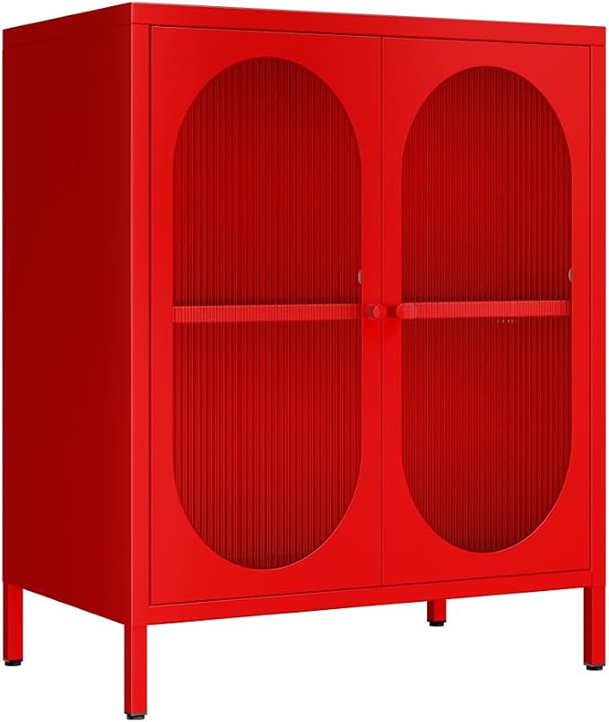 2 Translucent Door Metal Accent Storage Cabinet for Bedroom, Living Room, Office Room,Kitchen-Metal Locker Cabinet with 1 Adjustable Shelves-2-Tier (red)