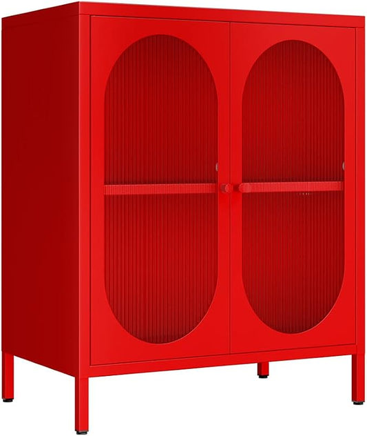 2 Translucent Door Metal Accent Storage Cabinet for Bedroom, Living Room, Office Room,Kitchen-Metal Locker Cabinet with 1 Adjustable Shelves-2-Tier (red)