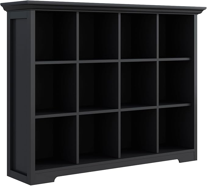 OSCHF 12-Cube Open Bookcase with Base, 3-Tier Wooden Bookshelf, Black | Curved Base, Crown Molding, Fits 11×11" Bins, Modern Storage Cabinet for Living Room, Bedroom, Home Office