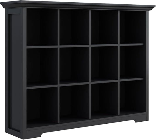 OSCHF 12-Cube Open Bookcase with Base, 3-Tier Wooden Bookshelf, Black | Curved Base, Crown Molding, Fits 11×11" Bins, Modern Storage Cabinet for Living Room, Bedroom, Home Office