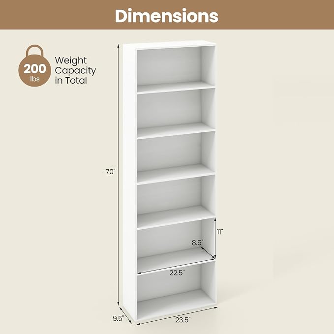 Giantex 6-Tier Bookcases Set of 2, 70" Tall Wooden Bookshelf, Freestanding Storage Organizer w/Open Shelves, Anti-Tipping Kits, Modern Floor Standing Display Shelves for Living Room, Bedroom, White