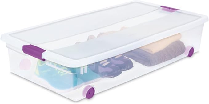 Sterilite 12-Pack ClearView Latch Box, Wheeled Underbed Organizer Bins for Home, 60 Quart | Clear Plastic Organizer Bins with Color Accent Latches and Wheels for Closet, Home Bedroom and Dorm Room