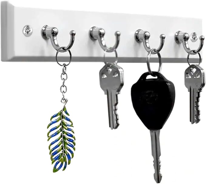 Wall Mounted Key Rack Rail Hanger Key Holder Wall Mount with 4 Hooks Hanging Storage Keys Organizer Home Decor (White)
