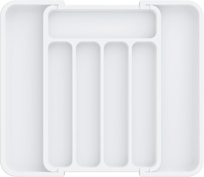 Aujen Silverware Drawer Organizer, Adjustable Utensil Cutlery Tray | Expandable Kitchen Organizer for Forks Knives, Multipurpose Kitchen Storage , Apartment Essentials, White, Medium