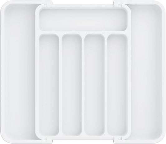 Aujen Silverware Drawer Organizer, Adjustable Utensil Cutlery Tray | Expandable Kitchen Organizer for Forks Knives, Multipurpose Kitchen Storage , Apartment Essentials, White, Medium