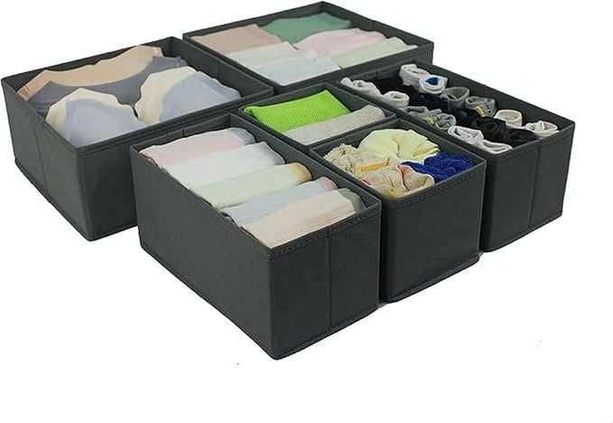 Amazon Basics Collapsible Cloth Drawer Organizer Boxes for Socks, Underwear and Baby Clothes, Storage Bins, Gray, Set of 6
