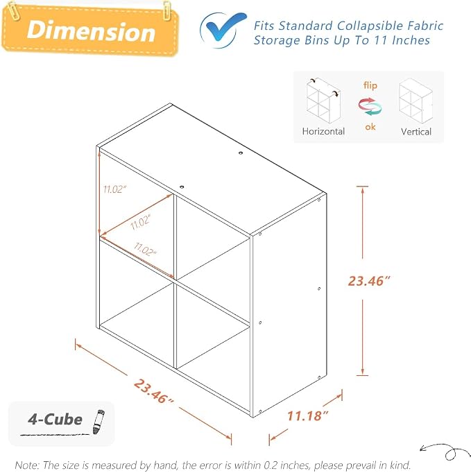 NELYE 4 Cube Organizer Bookcase White Open Shelf | Suitable for 11-inch Fabric Storage Bins, Simple Compartments Bookshelf, Holds 20 Lbs per Cube