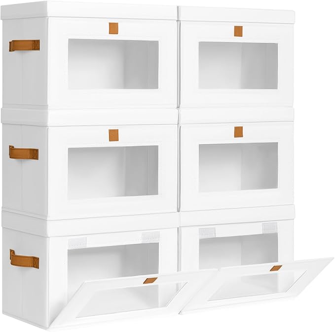 DIMJ Storage Bins with Lids - 6 Pack Front Opening Stackable Fabric Storage Boxes with Clear Window & Handles, Collapsible Closet Organizers for Clothes, Sweaters, Shelf Storage, Bedroom, White
