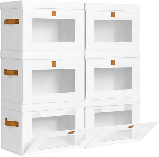 DIMJ Storage Bins with Lids - 6 Pack Front Opening Stackable Fabric Storage Boxes with Clear Window & Handles, Collapsible Closet Organizers for Clothes, Sweaters, Shelf Storage, Bedroom, White