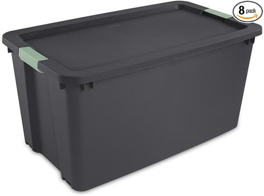 Sterilite 8-Pack Latch Tote, Stackable Plastic Storage Bin Containers, 45 Gal, Gray/Green - Large Organizer Boxes with Lids and Wheels for Closet, Bedroom, Tool, and Laundry Organization