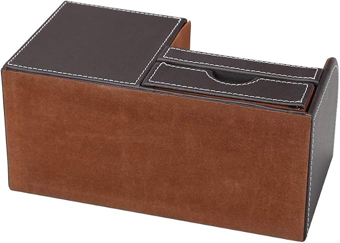 Desk Organizer Office Supplies Caddy Pu Leather Multi-function Storage Box Pen/Pencil,Cell phone, Business Name Cards Remote Control Holder with Small Drawer Brown