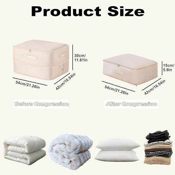 Comforter Storage Bag, Bedding & Blanket Self Compression Storage Organizer | Compression Storage Bag for Blanket Storage, Thick Satin Fabric Heavy Duty Bags for Pillow Duvet (Beige, L)