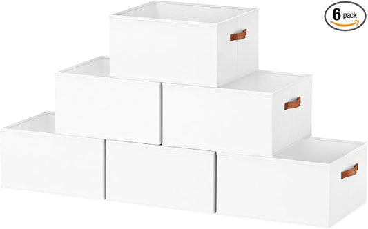 6 Pack Large Closet Storage Baskets Bins for Shelves, Collapsible Fabric Closet Organizers and Storage with Polyester Handles, Decorative Baskets for Organizing Clothes, Towels, Linen Closet 16x12x10"