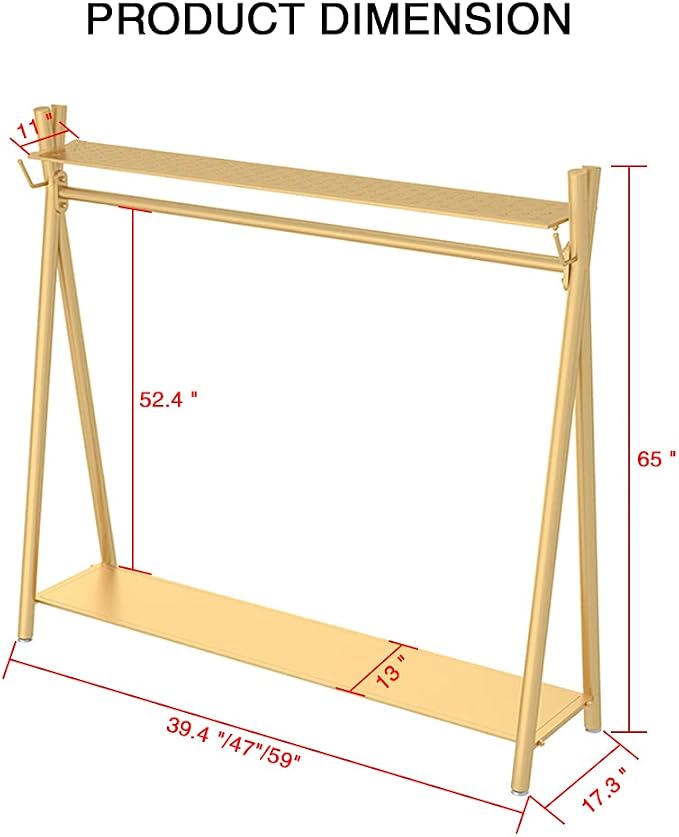 Freestanding Industrial Gold Clothes Rack with Double Shelves, Heavy Duty Movable Coat Rack for Organizing Clothes and Shoes (47'' L)