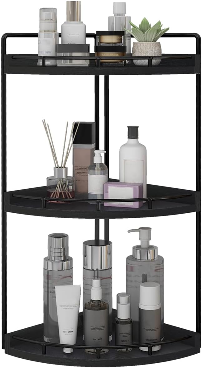 Dorhors Corner Bathroom Organizer Countertop,Vanity Counter Storage Shelf | 3 Tier Black Stand Rack Holder for Kitchen,Dresser,Restroom,Wood Bathroom Sink Tray for Makeup,Perfume,Skincare,Lotion