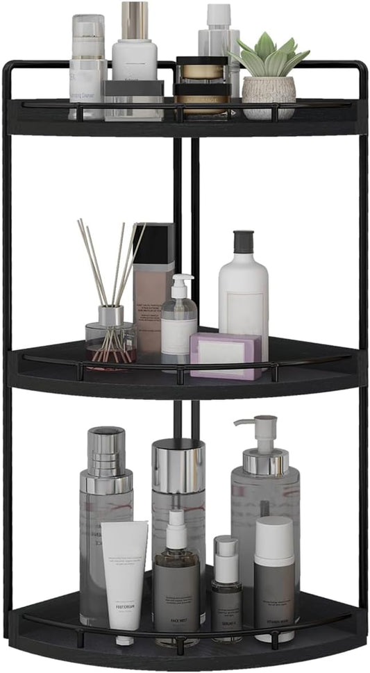 Dorhors Corner Bathroom Organizer Countertop,Vanity Counter Storage Shelf | 3 Tier Black Stand Rack Holder for Kitchen,Dresser,Restroom,Wood Bathroom Sink Tray for Makeup,Perfume,Skincare,Lotion