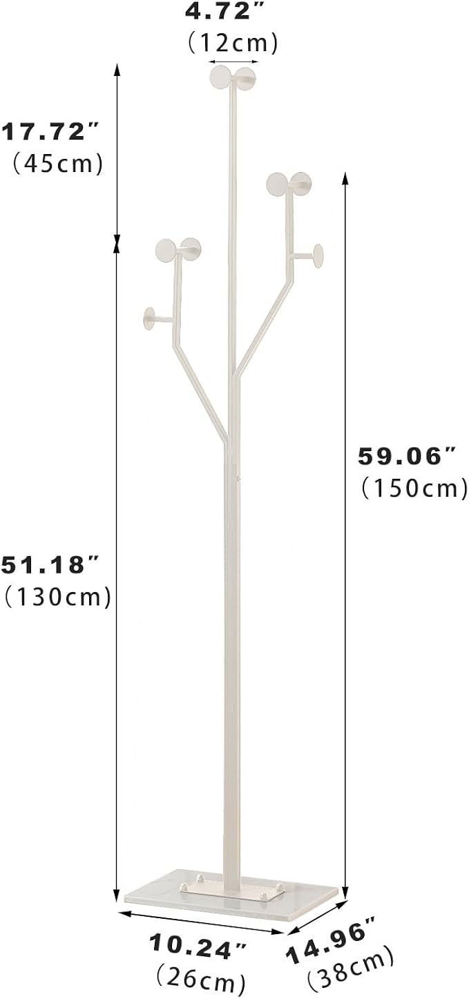 JIAYUEJU Freestanding Coat Rack Coat tree for Entryway Bedroom (White) | Tree-shaped, Easy Assembly, Space Saver, Heavy Duty, Metal Frame, Marble Base, 8 Hooks, Living Room, Office, Corner