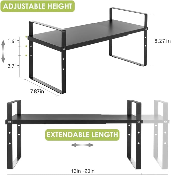 Across-Star Expandable Cabinet Shelf Organizer Rack, Stackable Kitchen Counter Storage Shelves Stand, Adjustable Height Pantry Shelf Spice Rack (Black, 1 Pack)