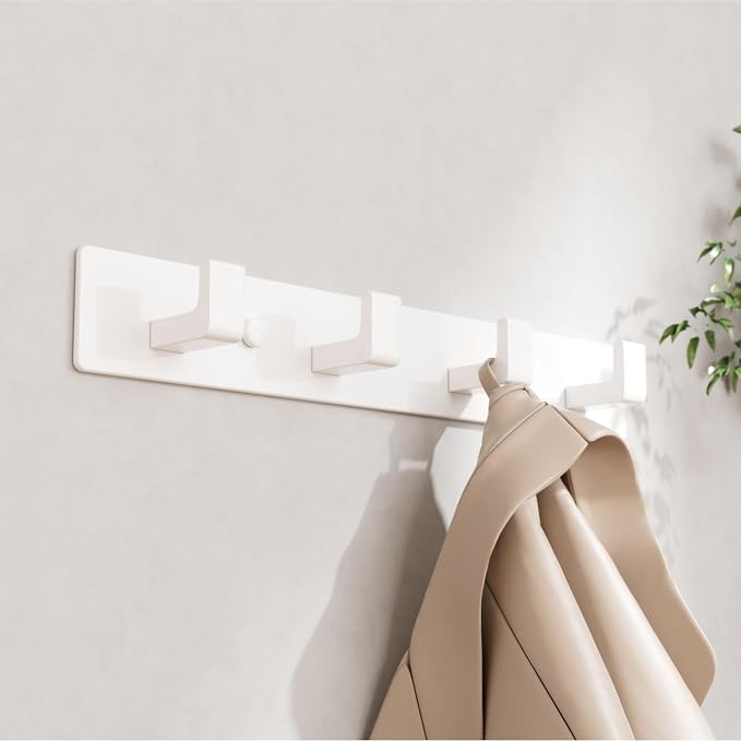 White Coat Rack Wall Mount - 12.5" Rail with 4 Right-Angle Hooks(2 Pack) | Drill-Mounted Organizer for Coats, Hats, Bags in Entryway, Bathroom, Bedroom