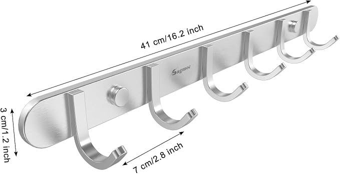 Wall Mounted Coat Hook Rack, 16-Inch with 6 Hooks, 304 Stainless Steel Brushed Nickel, for Bedroom, Bathroom, Foyer, Hallway