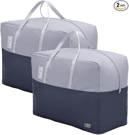75L large Zipper Under-bed Comforter Storage Bag,2park moving bag | (2) Folding Blanket Storage Bag with Reinforced Handle, Bedding, Quilt, Clothes, Pillows, travel storage organizer, Grey