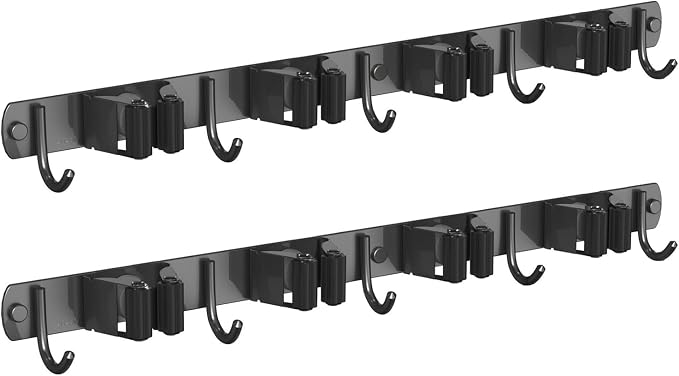 CUXIXA 2 Pack Mop and Broom Holder Wall Mount, Non-slip Broom Hanger Wall Mount, Heavy Duty Mop Broom Organizer for Kitchen Garden Garage Laundry Room Wall Decor Organization and Storage Black 4R5H