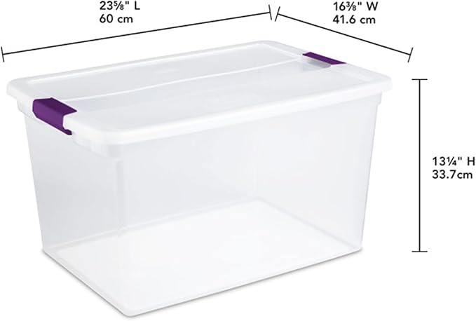Sterilite 66 Qt ClearView Latch Storage Box, Stackable Bin with Latching Lid, Organize Clothes, Blankets, Items in Closet, Clear Base and Lid, 24-Pack | Clear Plastic Organizers with Color Accent Latches for Closet, Bedroom, Shelving Units, Dorm Room a...