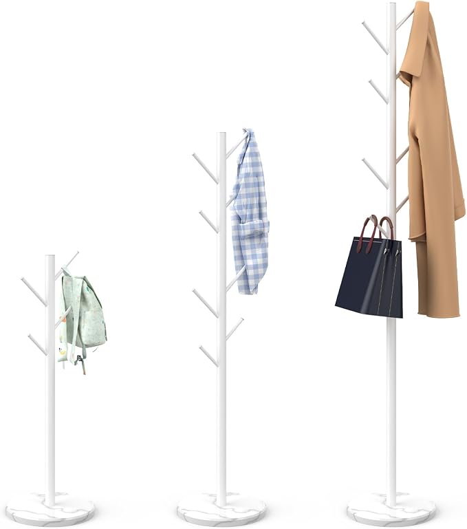 Durmmur Heavy Duty Coat Rack with Natural Marble Base, 8 Metal Hooks, White | Freestanding Coat Rack, Adjustable to 39, 54 or 70 in, Metal Coat Tree for Coats, Bags & Hats in Entryway, Bedroom & Office