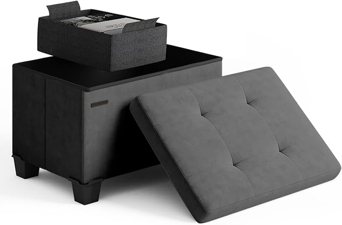 Storage Ottoman Cube with Small Bin, 16-in Square Ottoman with Storage for Living Room and Bedroom, Small Ottomans Foot Rest, Velvet Foot Stools Ottomans Max 330lbs, Grey