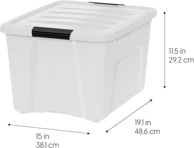 IRIS USA 4-Pack 40 Quart Storage Bins with Lids, Pearl | Conceals contents for a clean look. Perfect for moving, blankets, clothing, and garage storage. Nestable design saves space