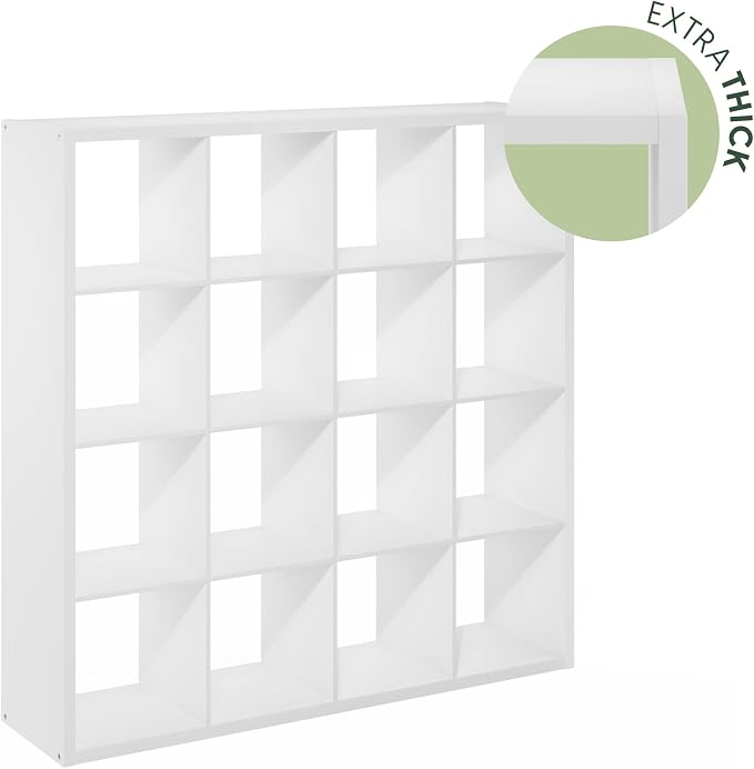 Furinno Cubicle 16-Cube Book Shelf, Extra Thick Frame Bookshelf, White | 14.6" x 58" x 58", Reversible Bookcase with Open Back, for Living Room, Bedroom, Home Office