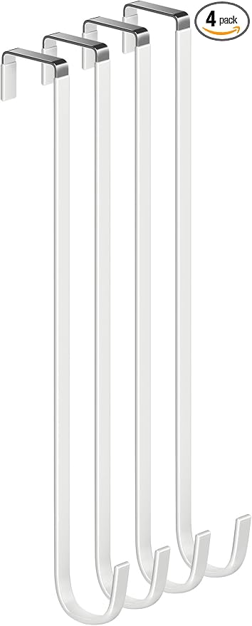 Single Extra Long Over Door Steel Hooks 4 Pack Fit 1-3/8" Door 14.2" White | Plastic Coated Rubber Feel Towel Rack Robe Coat Shoe Wreath Hanger No Damage No Scratch for Bathroom Heavy Duty Thin Top