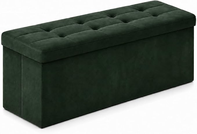 ALASDO 43 Inch Folding Storage Ottoman Bench with Hidden Storage, Velvet Storage Ottoman Foot Rest Stool, End of Bed Bench for Bedroom, Living Room, Entryway and Closet, Dark Green