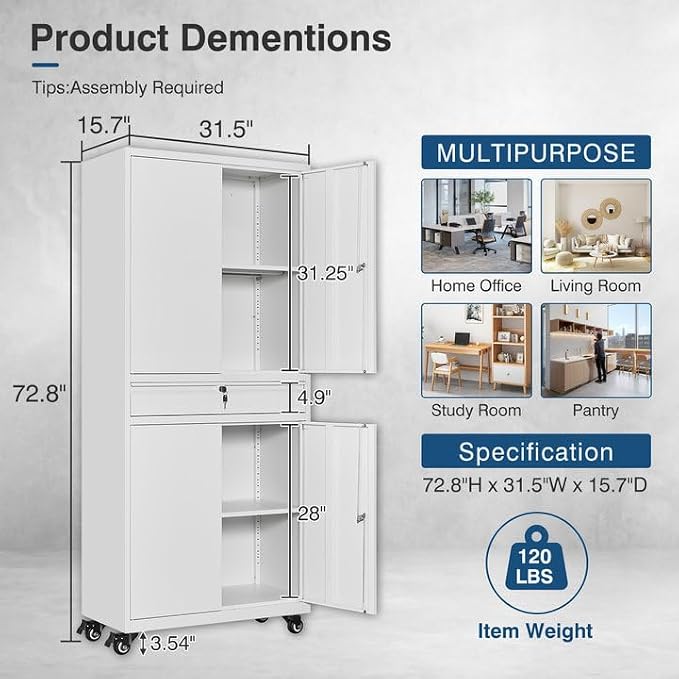 White Metal Storage Cabinet with Wheels, 73" Tall Garage Rolling Storage Cabinets with Doors and Shelves, Lockable Tool Caninet Steel Locking Cabnets for Home Office, Garage, Pantry