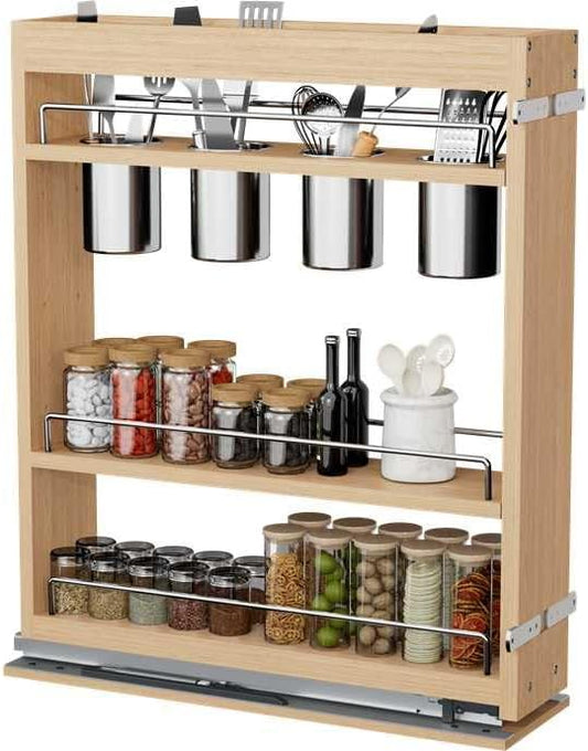 DINDON Pull Out Spice Rack Cabinet Organizer, (5" W x 21.9" D x 25.2" H) Multi-Use Soild Wood Pull Out Cabinet Organizer With 4 Movable Stainless Steel Cutlery Storage Buckets for Kitchen Organization