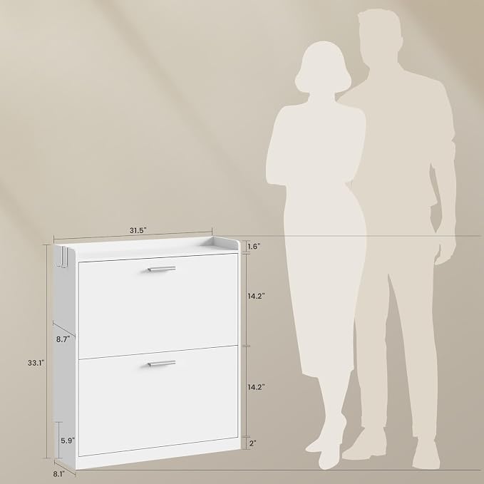 Shoe Cabinet Organizer with 2 Flip Drawers,Narrow Shoe Rack 31.5" W White | Freestanding shoe storage cabinet for entryway,foyer and hallway,space-saving flip drawers,Adjustable Shelves & 2 Hooks