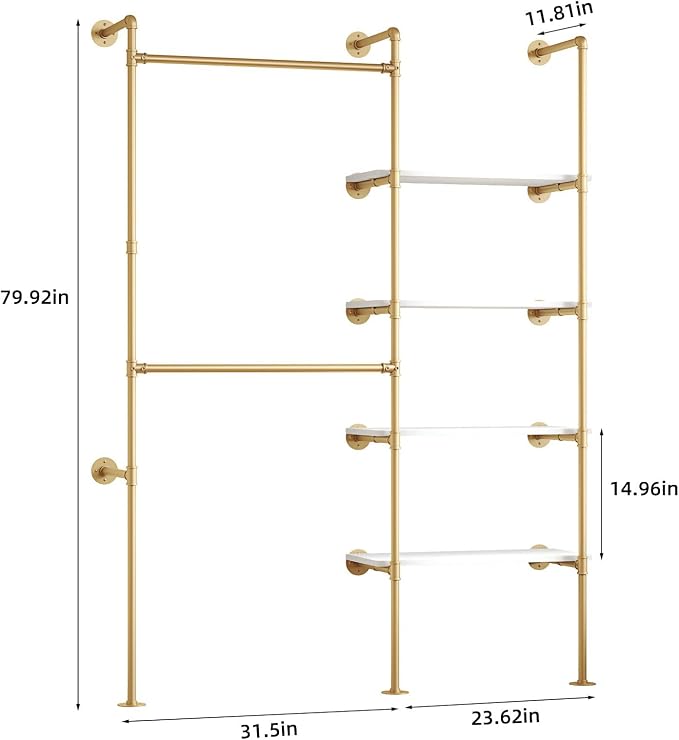 Industrial Pipe Clothing Rack | Hanging Rods Clothes Rack with Shelves, Clothes Rack for Wardrobe, Corner Closet System for Walk in Closets