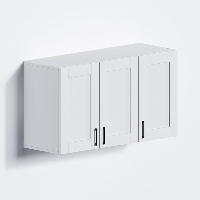 White Laundry Room Cabinets and Storage with 3 Doors and Utility Adjustable Shelf，Gabinetes Para Cocina Cupboard Kitchen Organizers and Storage Pantry Wall Mounted 12.4"D x 35.4"W x 19.7"H