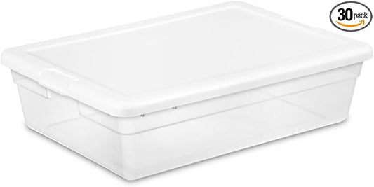 Sterilite 30-Pack Storage Box, Stackable Clear Plastic Bins with Snap-On Lids, 28 Quart