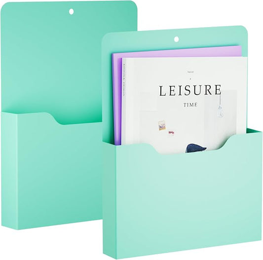 Marbrasse 2 Pack Magnetic File Holder - Paper Holder, Pocket Organizer,Hanging Wall File Organizer Office Supplies Storage, Magazine Mail Case for Notebooks,Planners,Letter (Green)