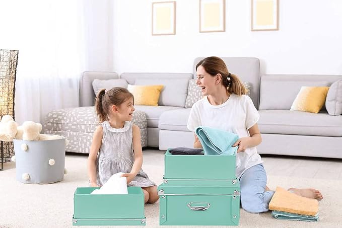 XUCHUN 3 Pack/Set Plastic Storage Box with Lid,Waterproof Collapsible Storage Bins for Shoes/Clothes/Office Teal Color